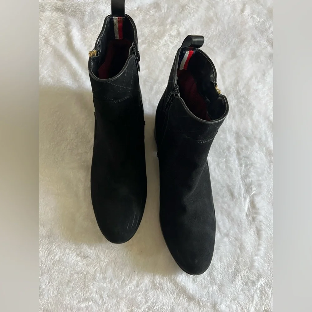 Tommy Hilfiger Black Suede Ankle Booties with Gold Zipper